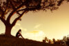 Silhouette of woman sitting by tree at sunset