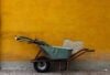 Green wheelbarrow with sticks against orange wall