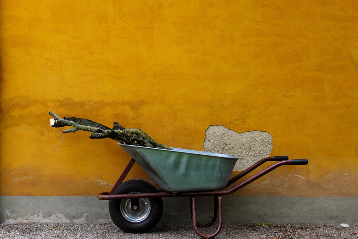 Green wheelbarrow with sticks against orange wall