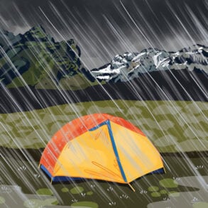 Illustration of tent in Iceland rain.