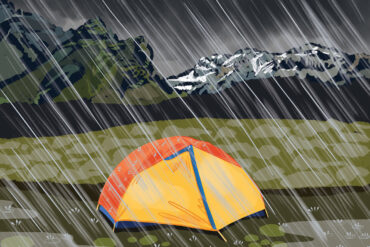 Illustration of tent in Iceland rain.