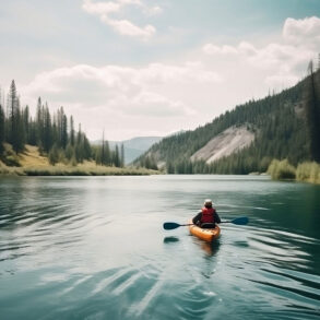 Kayaker on mountain lake