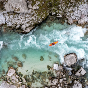 Aerial view of kayaker in rapids