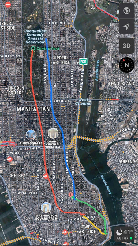 Map of Flaco's journey in Manhattan