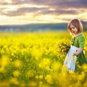Young girl in field of flower mustard