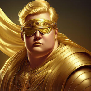 Overweight gold man, blindfolded