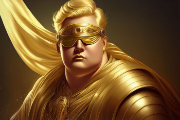 Overweight gold man, blindfolded