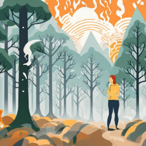 Illustration of woman in smokey forest