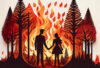 Ai-generated image of man and woman holding hands in front of wildfire