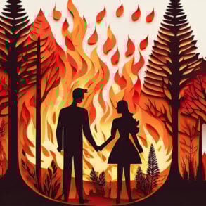 Ai-generated image of man and woman holding hands in front of wildfire