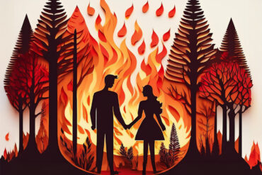 Ai-generated image of man and woman holding hands in front of wildfire