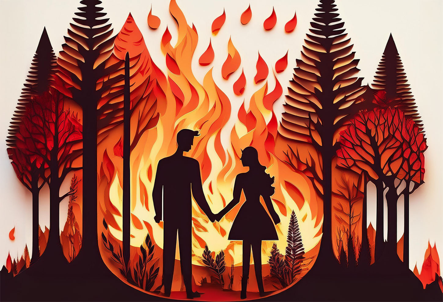 Ai-generated image of man and woman holding hands in front of wildfire