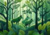 AI-generated illustration of wolves in green forest