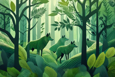 AI-generated illustration of wolves in green forest