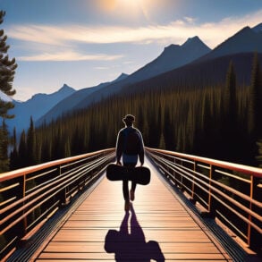 Boy with a guitar case crossing a bridge in the mountains of Montana