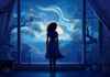 AI-generated image of a silhouetted girl looking outside a window into evening