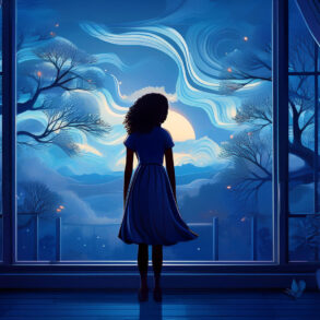 AI-generated image of a silhouetted girl looking outside a window into evening