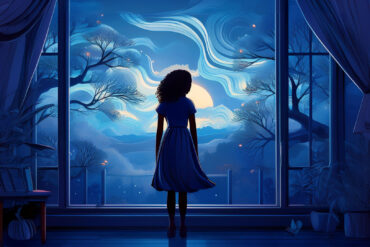 AI-generated image of a silhouetted girl looking outside a window into evening