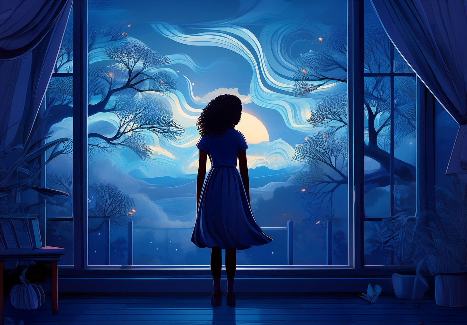 AI-generated image of a silhouetted girl looking outside a window into evening