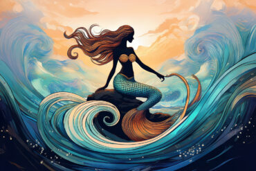 Mermaid on rock among waves (AI-generated)