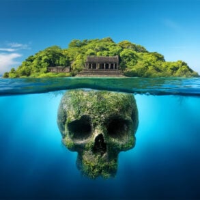 AI-generated image of island with ruins above water and skull below