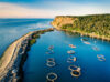 Aerial view of salmon farms, Grand Manan, Canada.