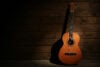 Warm light on acoustic guitar against wooden wall