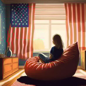 AI-generated image of girl in beanbag chair in 1970s bedroom