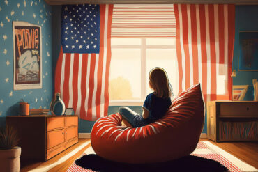 AI-generated image of girl in beanbag chair in 1970s bedroom
