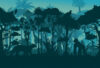 Silhouettes of animals and plants in jungle