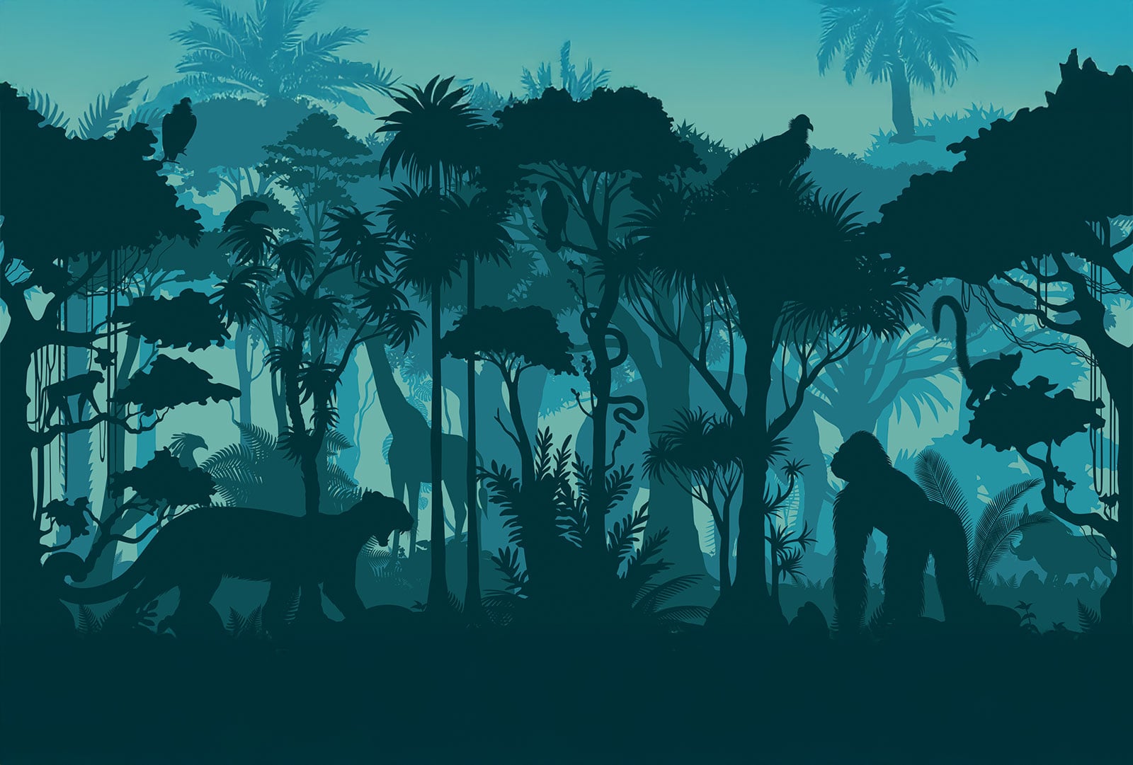 Silhouettes of animals and plants in jungle