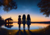 Silhouette of girls and cabin on edge of lake at twilight