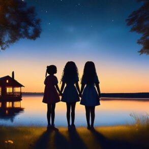 Silhouette of girls and cabin on edge of lake at twilight