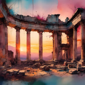 Digital watercolor of ruins at base of Mount Vesuvius