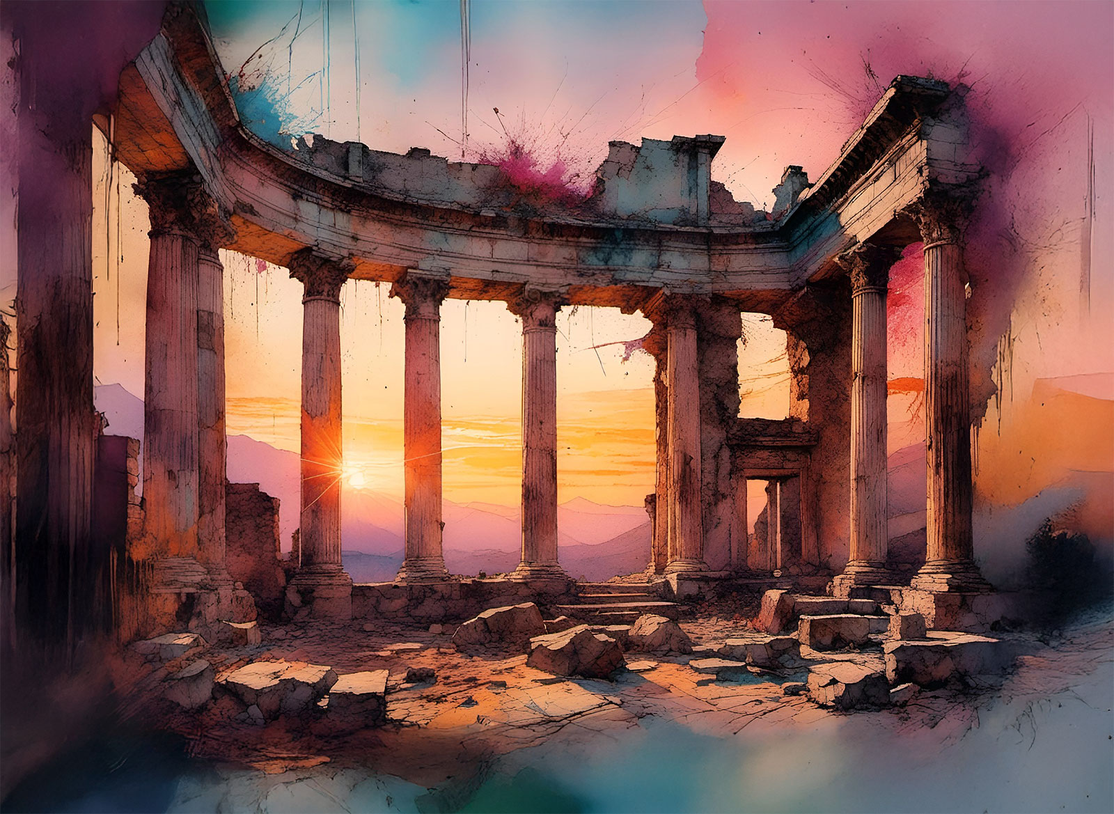 Digital watercolor of ruins at base of Mount Vesuvius