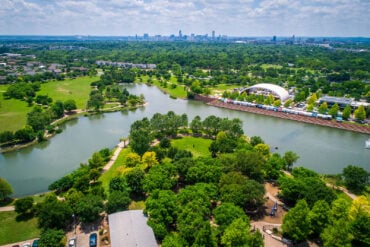 Aerial view of Mueller Pond and Mueller's greenspace