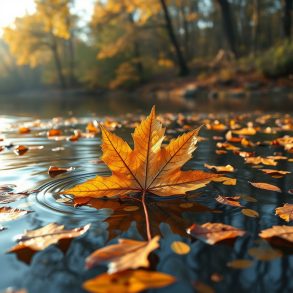 Autumn maple leaf on water with shore in the distance