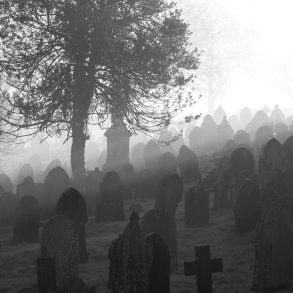 Hillside cemetery in black-and-white