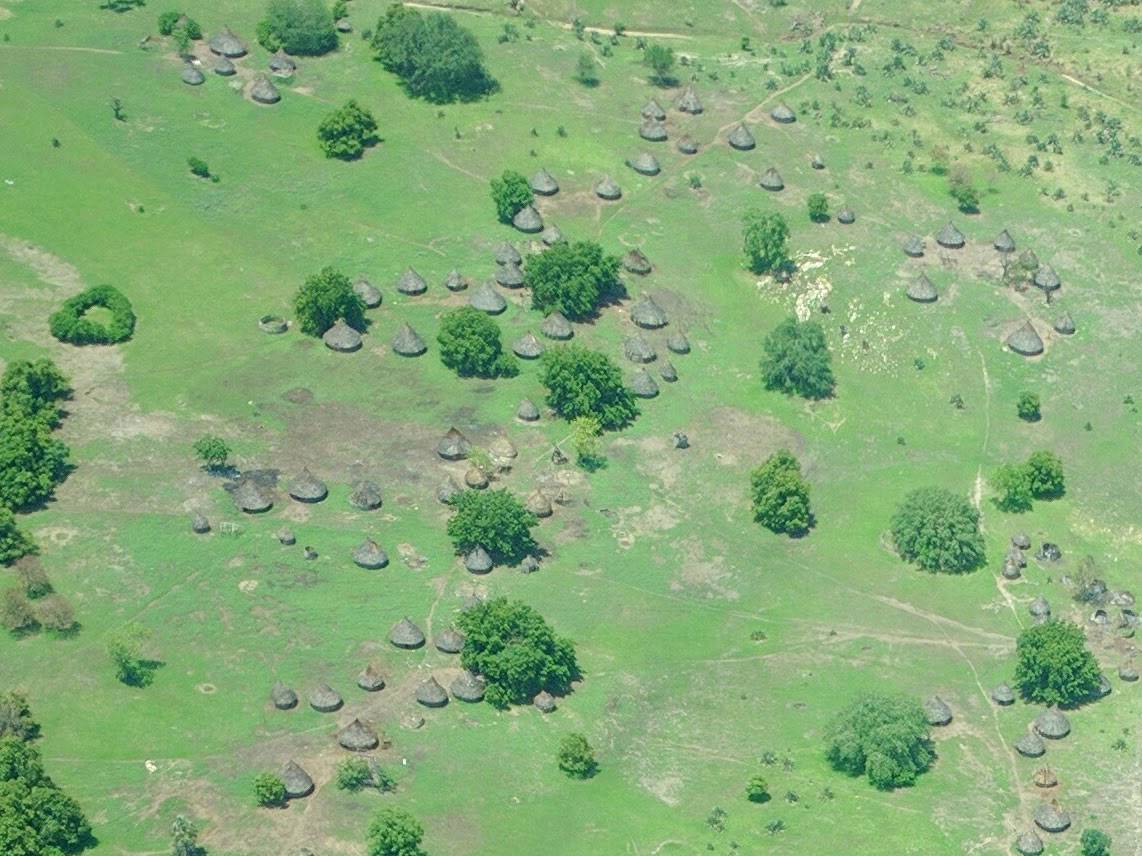Aerial view of conical huts
