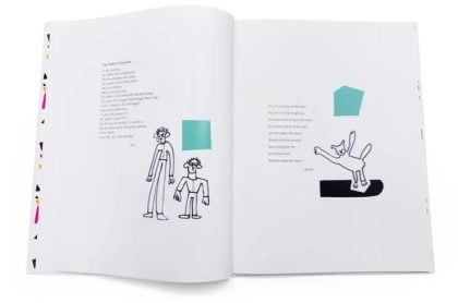two-page book spread with poem and human and animal figures