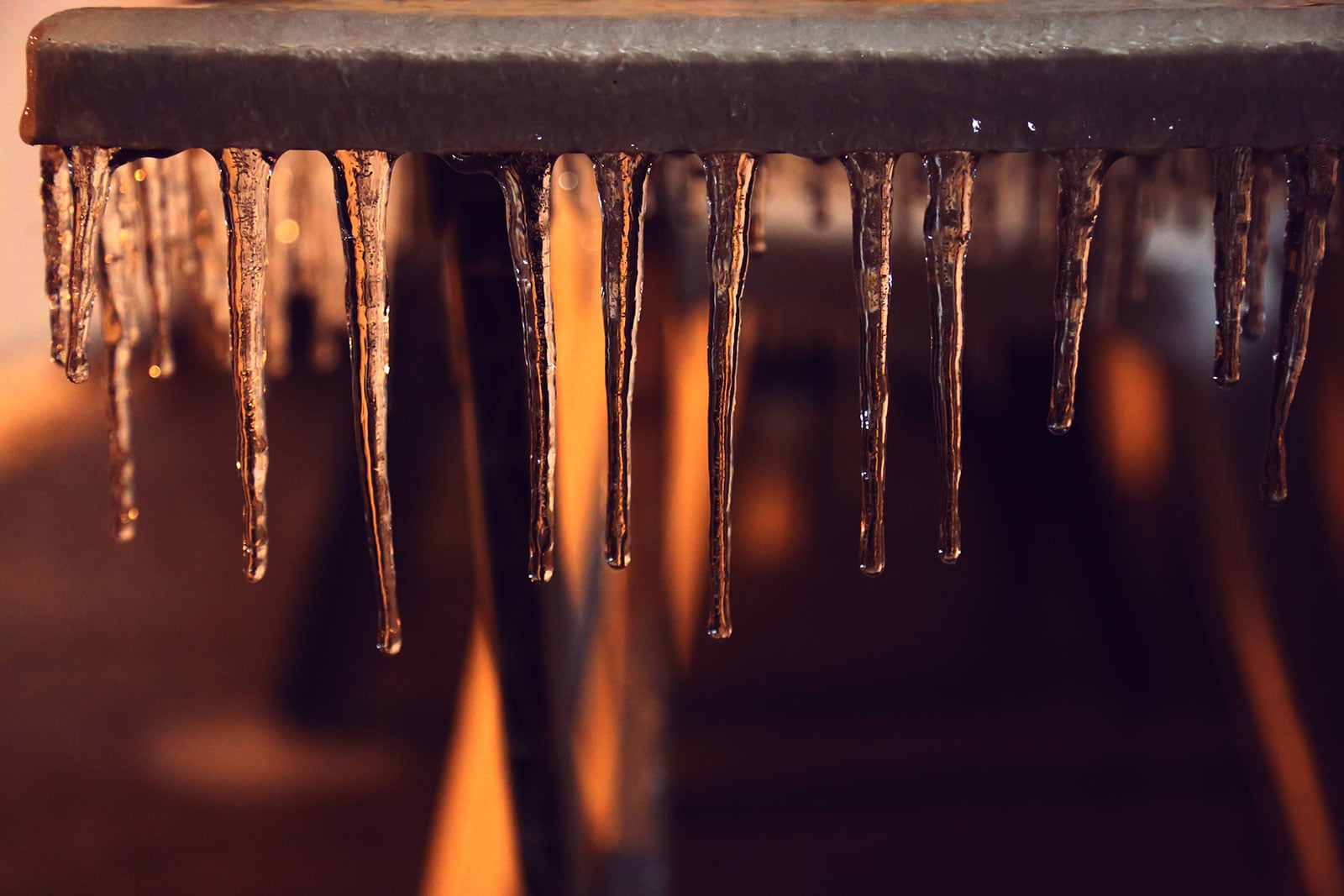 Icy railing in golden light