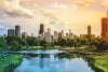 Chicago skyline viewed from park with lake in afternoon light