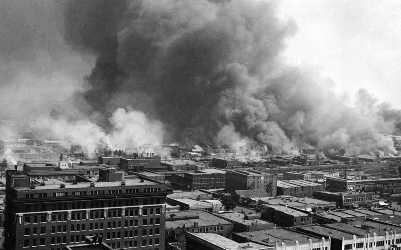 Greenwood District in Tulsa burning on June 1, 1921