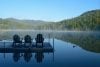 Adirondacks: lake, mountains, forest, and dock with chairs