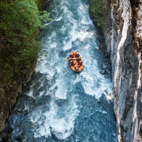 Aerial view of whitewater rafting in a gorge