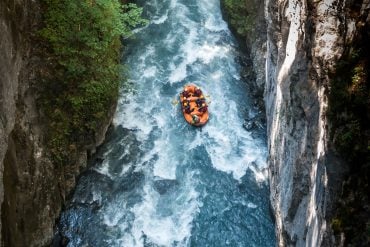 Aerial view of whitewater rafting in a gorge