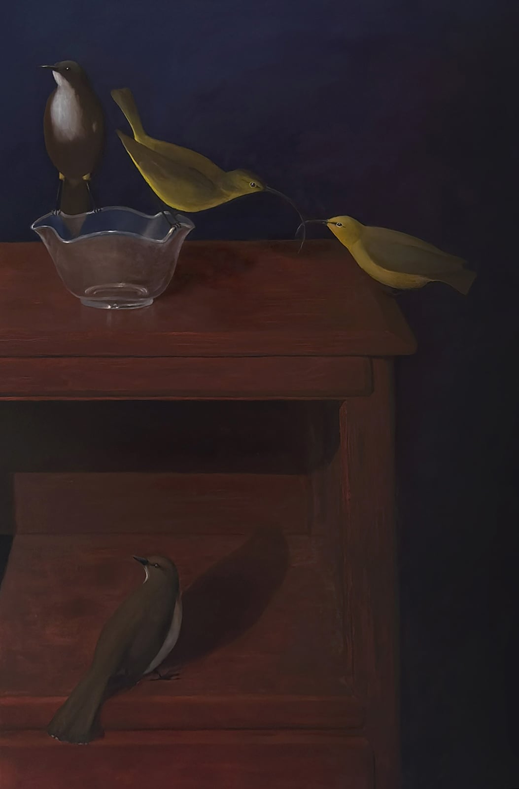 Kauaʻi ʻōʻō, ‘akialoa, nukupu’u, and kāma‘o, with Grandma’s bowl